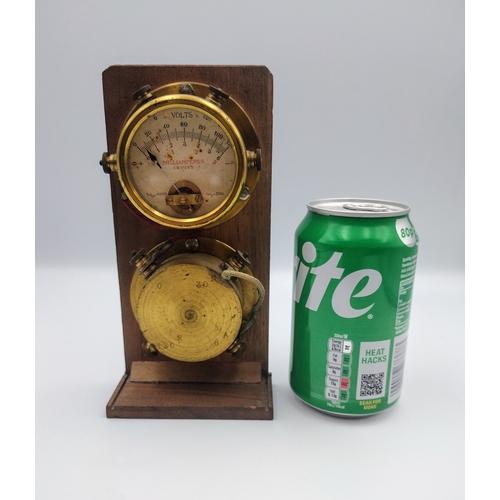 257 - Early 20th Century Brass Voltmeter and Milliampere Meter on Wooden Base, Circa 1910–1920