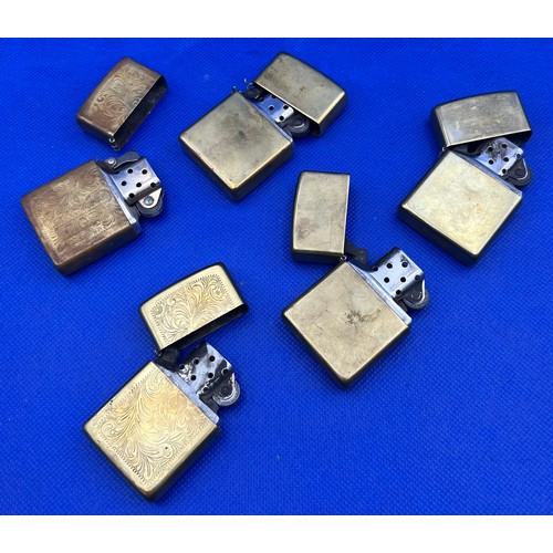 255 - Five Brass Zippo Lighters Some Vintage (some A/F) Dates: 1989, 1994, 2004, 2007 & 2008