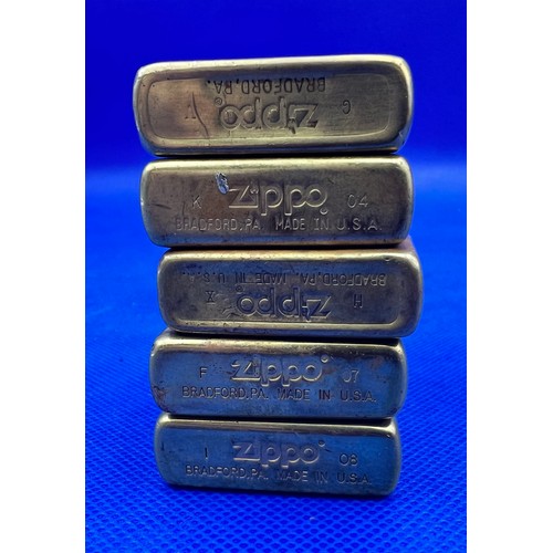 255 - Five Brass Zippo Lighters Some Vintage (some A/F) Dates: 1989, 1994, 2004, 2007 & 2008