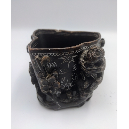 273 - Chinese Qing Dynasty Carved Stone Monkey and Floral Libation Cup slight a/f