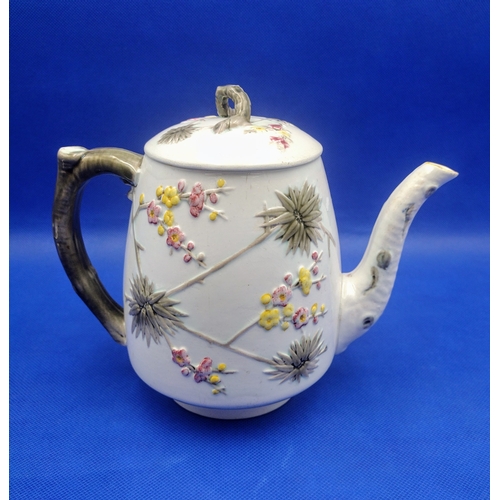 315 - Victorian Wedgwood Majolica Teapot with Japanese Floral Relief Decoration, Circa 1870–1900