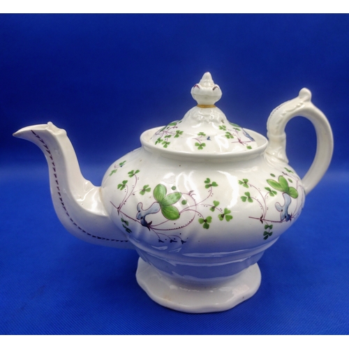 344 - Early to Mid-19th Century English Transferware Teapot with Hand-Painted Shamrock Foliage, Slightly a... 