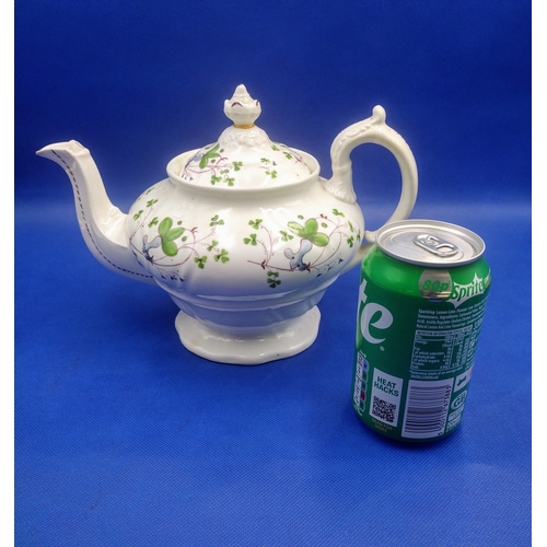 344 - Early to Mid-19th Century English Transferware Teapot with Hand-Painted Shamrock Foliage, Slightly a... 