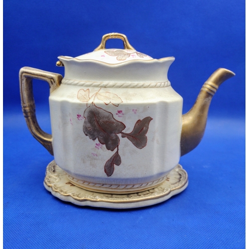 372 - Crown Devon Aesthetic Movement Gilded Floral Teapot and Stand, Registered 1892