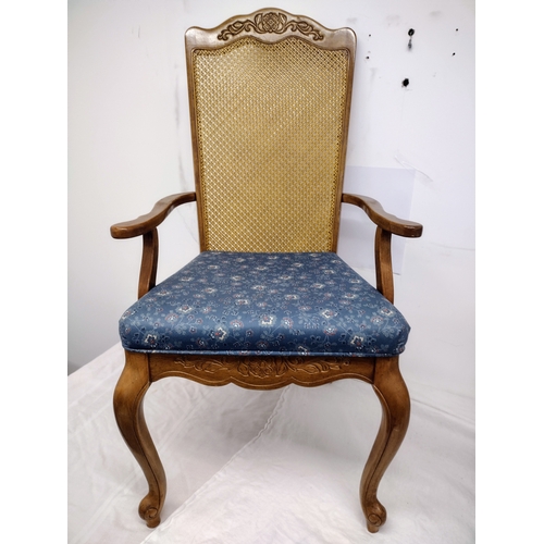 434 - Pair of Vintage Louis XV Style Carved Wooden Armchairs with Cane Backs and Upholstered Seats