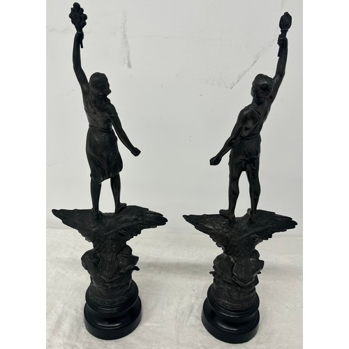 447 - Pair of Spelter Art Nouveau Sculptures Labelled La Nuit & Le Jour - Eagle Mounted.