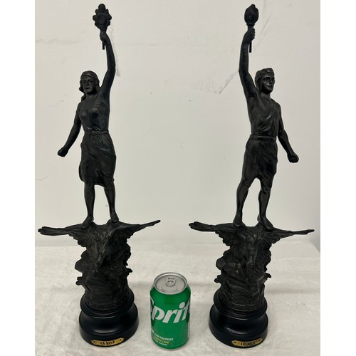 447 - Pair of Spelter Art Nouveau Sculptures Labelled La Nuit & Le Jour - Eagle Mounted.