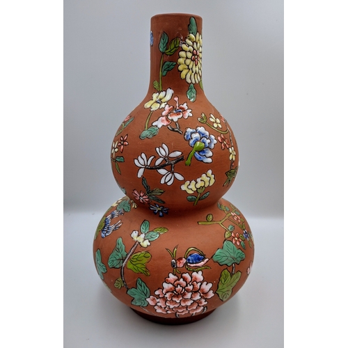 465 - Large Chinese Late Qing Dynasty Yixing Double Gourd Shaped Vase Decorated With Famille Rose Pattern ... 