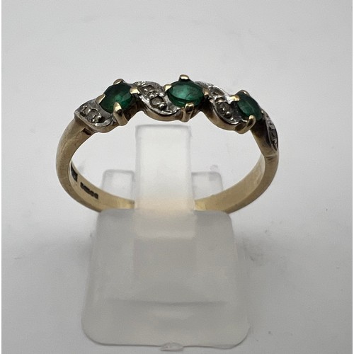 5 - Vintage 9ct 375 Gold Three-Stone Emerald and Diamond Ring Hallmarked Birmingham 1998 2.6g Approx siz... 