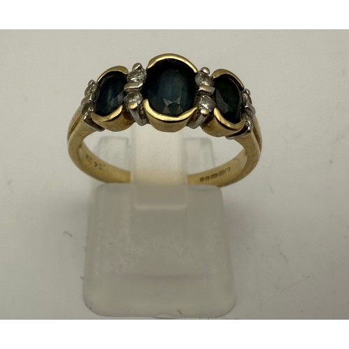 6 - Vintage 9ct 375 Gold Three-Stone Sapphire & Diamond Ring Hallmarked Birmingham 2000 y2k 2.6g Approx ... 