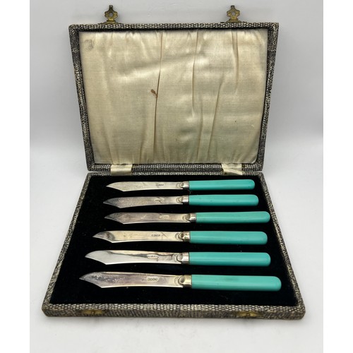 205 - Cased Set of Kitsch EPNS Knives With Vibrant Green Handles