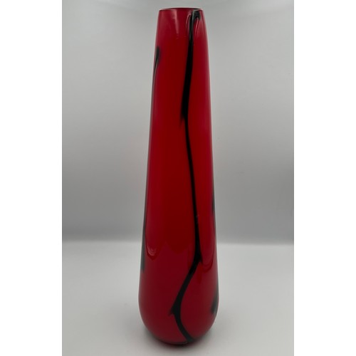 220 - Red Art Glass Vase With Black Swirl Stripes. Well Ground Pontil, possibly Murano