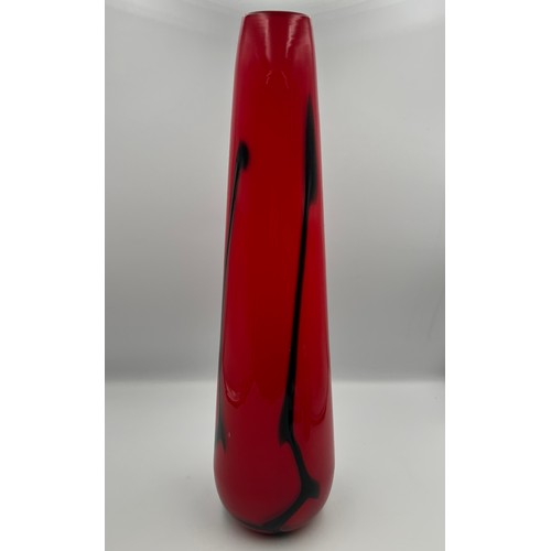 220 - Red Art Glass Vase With Black Swirl Stripes. Well Ground Pontil, possibly Murano