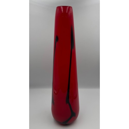 220 - Red Art Glass Vase With Black Swirl Stripes. Well Ground Pontil, possibly Murano