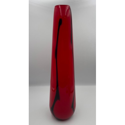 220 - Red Art Glass Vase With Black Swirl Stripes. Well Ground Pontil, possibly Murano