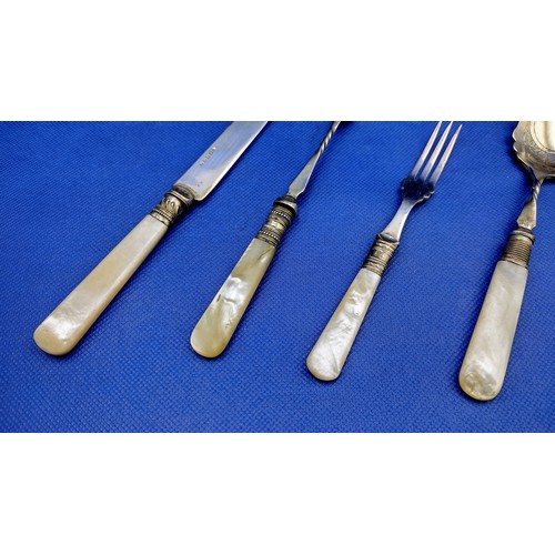 18 - Set of 5 Silver-Plated Utensils with Mother-of-Pearl Handles, Including Pickle Forks, Toasting Fork,... 