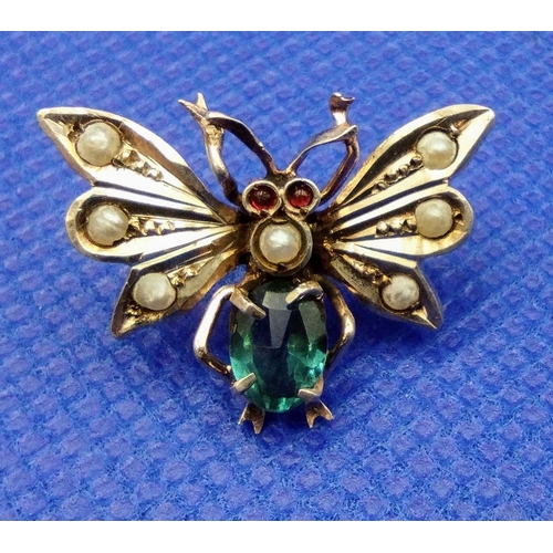 20A - French .800 Silver Gilt Butterfly Brooch C.1890 Set with Seed Pearls, Ruby Eyes and Paste Body.