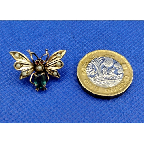 20A - French .800 Silver Gilt Butterfly Brooch C.1890 Set with Seed Pearls, Ruby Eyes and Paste Body.