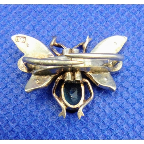 20A - French .800 Silver Gilt Butterfly Brooch C.1890 Set with Seed Pearls, Ruby Eyes and Paste Body.