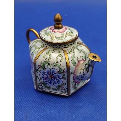 240 - Late Qing Dynasty Chinese Cloisonné Enamel Hexagonal Teapot with Floral Decoration, 10cm x 8cm