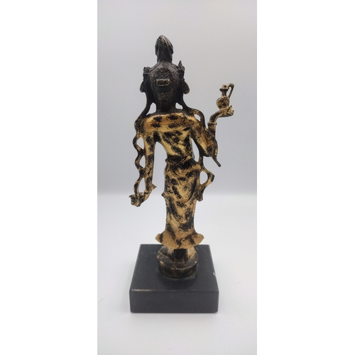 245 - Chinese Contemporary Tang Dynasty Bronze Style Gold Lacquered Guanyin Deity Mounted on a Black Marbl... 