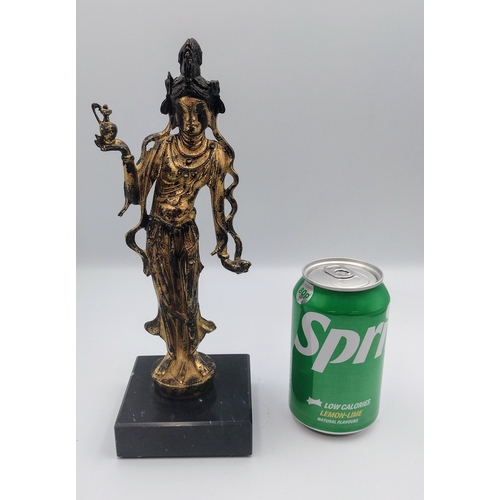 245 - Chinese Contemporary Tang Dynasty Bronze Style Gold Lacquered Guanyin Deity Mounted on a Black Marbl... 