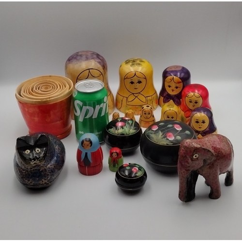 252 - An Assortment of Painted Treen to Include Russian Dolls, Cat, Elephant, and Painted Stacking Floral ... 