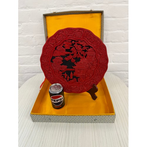 265 - Boxed Chinese Red Resin Cinnabar Lacquer Round Acenery Releif Carving Accent Plate WS 974 With Stand