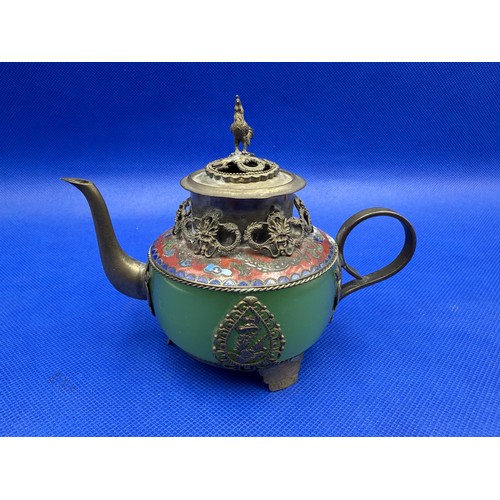 263 - Chinese Cloisonné Jade Teapot Enameled White Metal with Seal & Filligrea Dragons