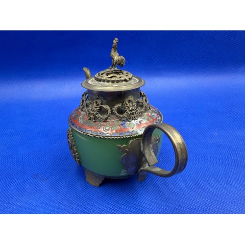 263 - Chinese Cloisonné Jade Teapot Enameled White Metal with Seal & Filligrea Dragons