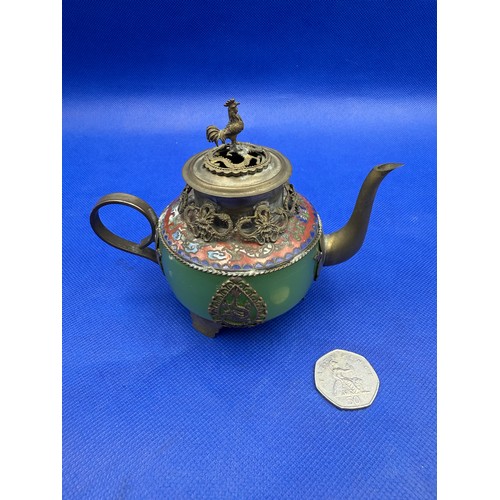 263 - Chinese Cloisonné Jade Teapot Enameled White Metal with Seal & Filligrea Dragons