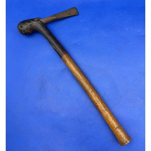 12 - Late 18th Century Battle Axe with Steel Blade & Notched Carvings At Top Believed to be African Bornu