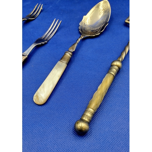 18 - Set of 5 Silver-Plated Utensils with Mother-of-Pearl Handles, Including Pickle Forks, Toasting Fork,... 