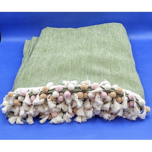 413 - Large Sage Green 100% Cotton Herringbone Throw with Pom-Pom Fringe, Approx. 260 cm x 180 cm