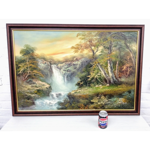 438 - Oil on Canvas Landscape Painting by R. Danford, Depicting Waterfall and Rural Scene, Signed, 100 cm ... 