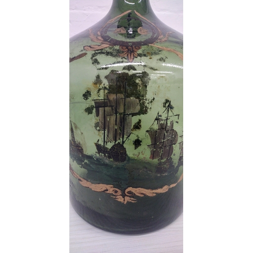 218 - 19th Century Hand-Painted Green Glass Demijohn Featuring Nautical and Heraldic Motifs, Including Gal... 