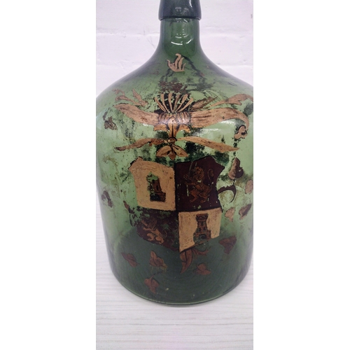 218 - 19th Century Hand-Painted Green Glass Demijohn Featuring Nautical and Heraldic Motifs, Including Gal... 