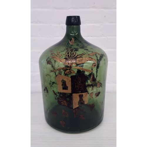 218 - 19th Century Hand-Painted Green Glass Demijohn Featuring Nautical and Heraldic Motifs, Including Gal... 