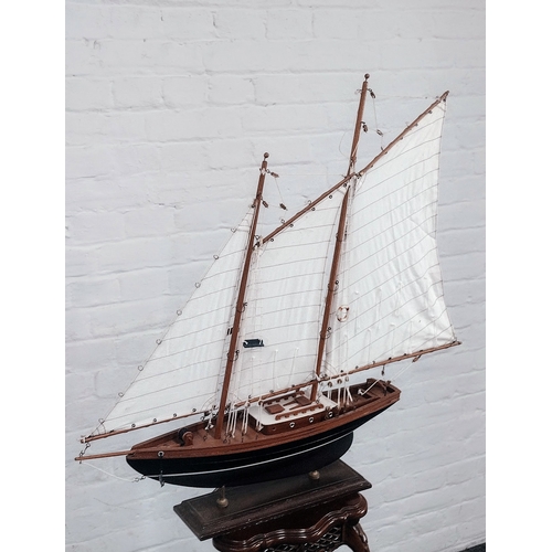 85 - Vintage Wooden Model of a Gaff-Rigged Schooner with Fabric Sails, Approx. 71cm x 70cm x 12cm