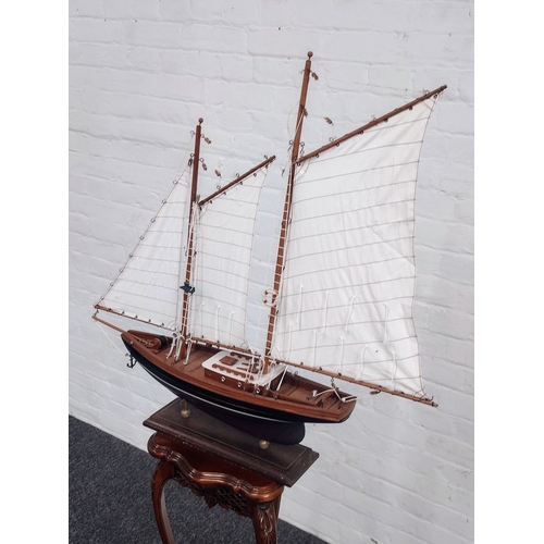 85 - Vintage Wooden Model of a Gaff-Rigged Schooner with Fabric Sails, Approx. 71cm x 70cm x 12cm