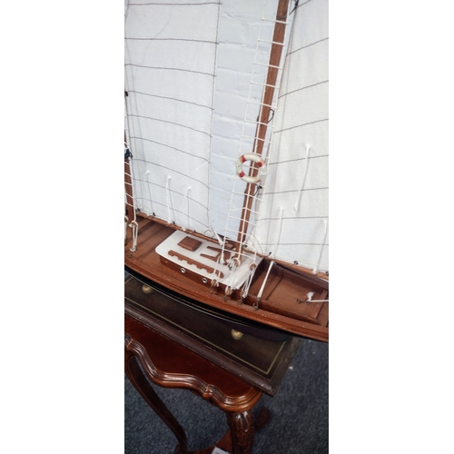 85 - Vintage Wooden Model of a Gaff-Rigged Schooner with Fabric Sails, Approx. 71cm x 70cm x 12cm