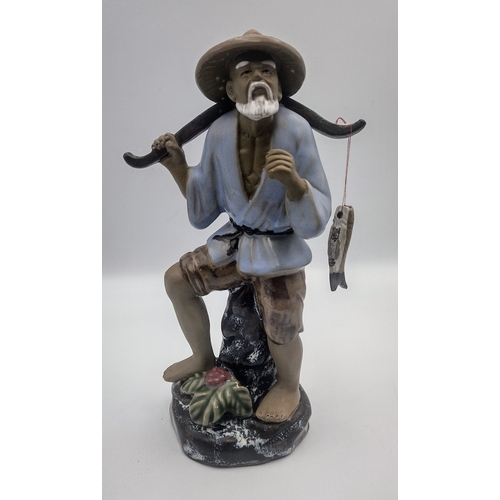 451 - Mid-20th Century Shiwan Mudman Fisherman with Fish, Hand-Painted Ceramic, Shiwan Kiln Mark