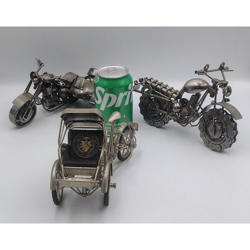 460 - Set of Three Handcrafted Steampunk-Style Metal Motorcycle and Cyclo Sculptures Made From Upcycled Nu... 