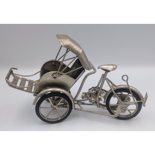 460 - Set of Three Handcrafted Steampunk-Style Metal Motorcycle and Cyclo Sculptures Made From Upcycled Nu... 