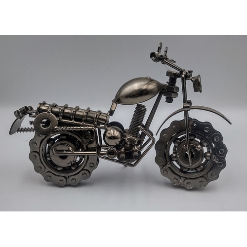 460 - Set of Three Handcrafted Steampunk-Style Metal Motorcycle and Cyclo Sculptures Made From Upcycled Nu... 