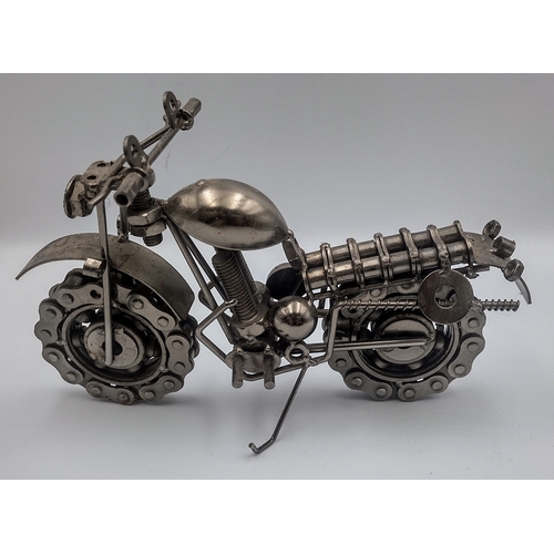 460 - Set of Three Handcrafted Steampunk-Style Metal Motorcycle and Cyclo Sculptures Made From Upcycled Nu... 