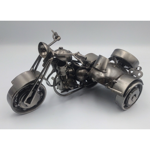 460 - Set of Three Handcrafted Steampunk-Style Metal Motorcycle and Cyclo Sculptures Made From Upcycled Nu... 