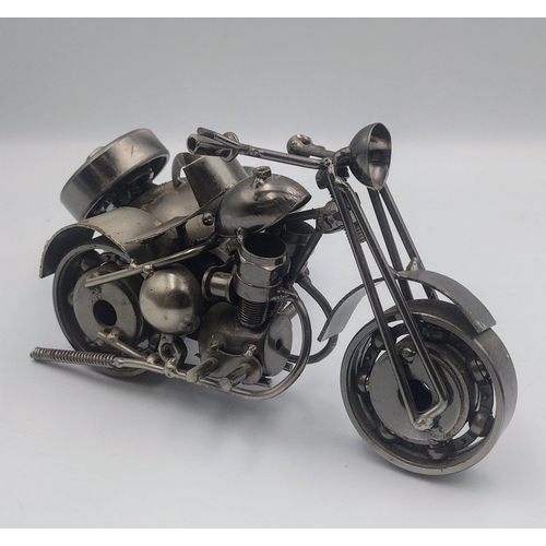 460 - Set of Three Handcrafted Steampunk-Style Metal Motorcycle and Cyclo Sculptures Made From Upcycled Nu... 