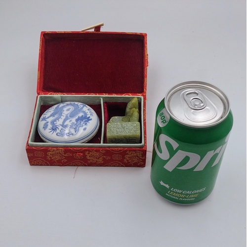 309 - Chinese Green Soapstone Seal with Reptile Finial and Blue and White Porcelain Ink Paste Box, Mid-to-... 