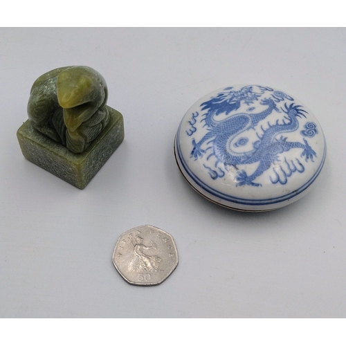 309 - Chinese Green Soapstone Seal with Reptile Finial and Blue and White Porcelain Ink Paste Box, Mid-to-... 